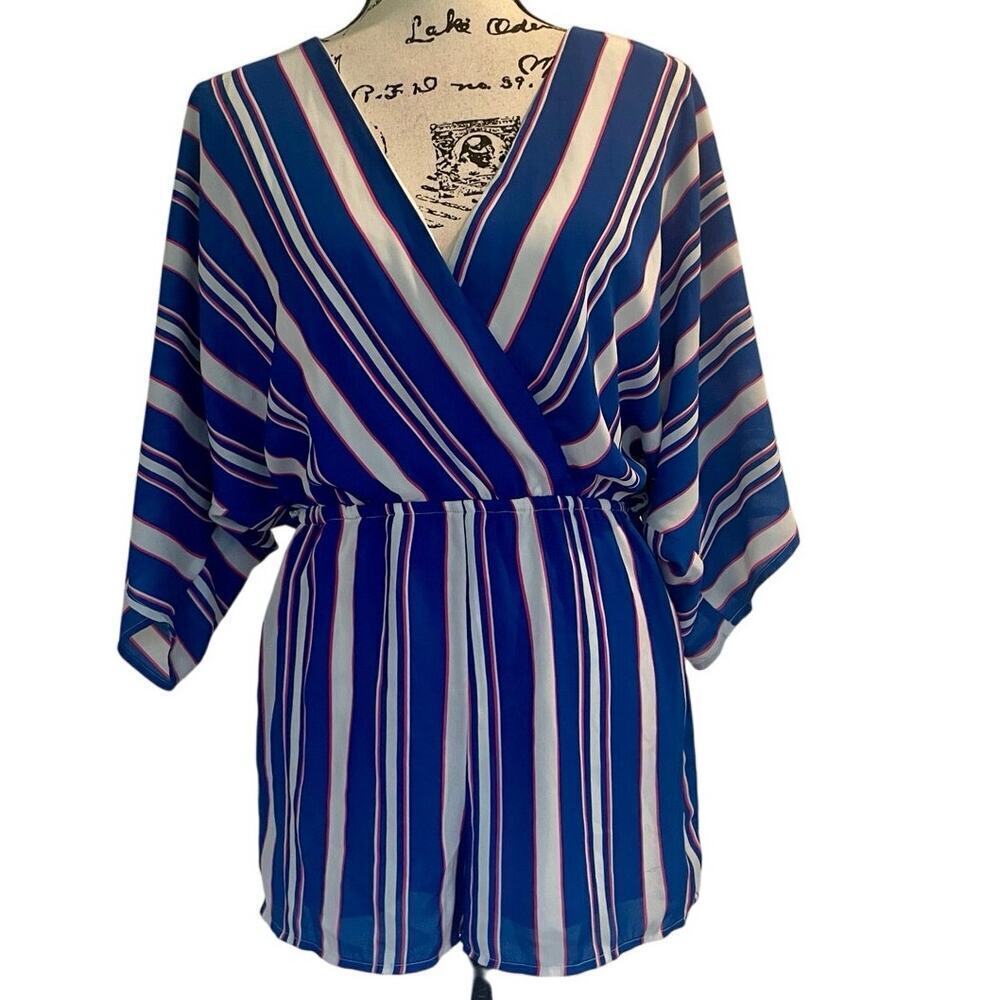 Lulu’s Romper Royal Hot pink white V neck‎ Kimono Sleeves Sz S aesthetic core
